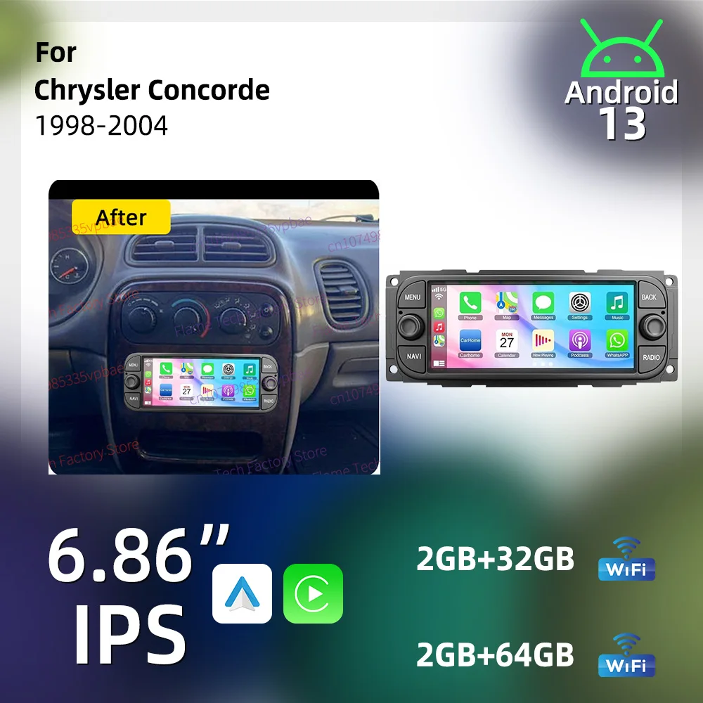 Autoradio 1 DIN Android 13 para Chrysler Concorde 1998-2004, Pantalla de 6.86 Pulgadas, Carplay Inalámbrico, Unidad Principal Estéreo