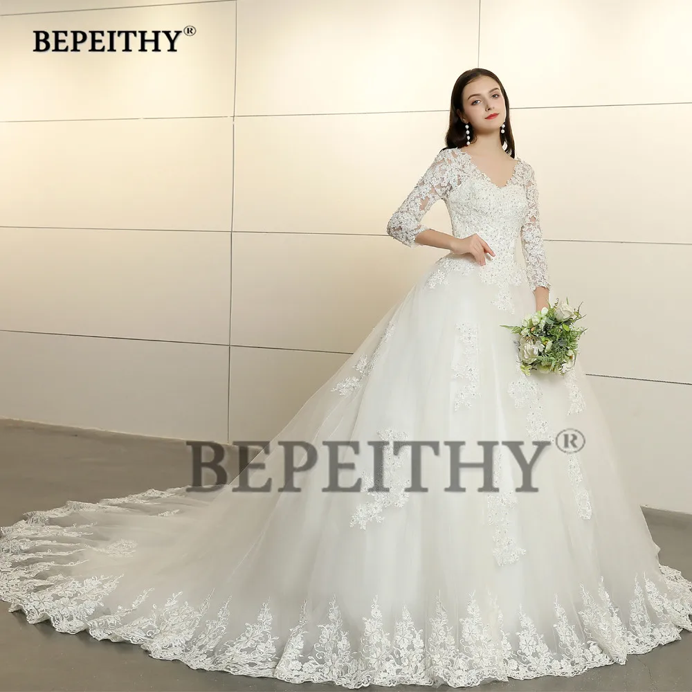 Vintage 2021 Ren Áo Cưới Tay Dài Đầm Vestido De Novia Triều Đình Đoàn Tàu Ren Cổ V Cô Dâu Đầm Hở Lưng Bóng váy Bầu