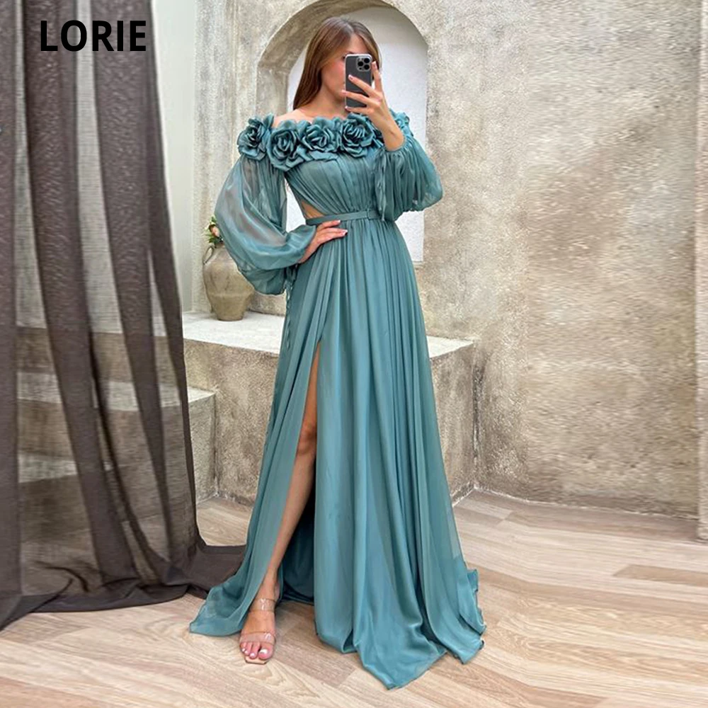 LORIE Sexy Leg Slit Evening Dresses Flowers Puff Sleeves Belt Pleat Vestidos De Noche Organza Gala Party Dresses Robes De Soirée