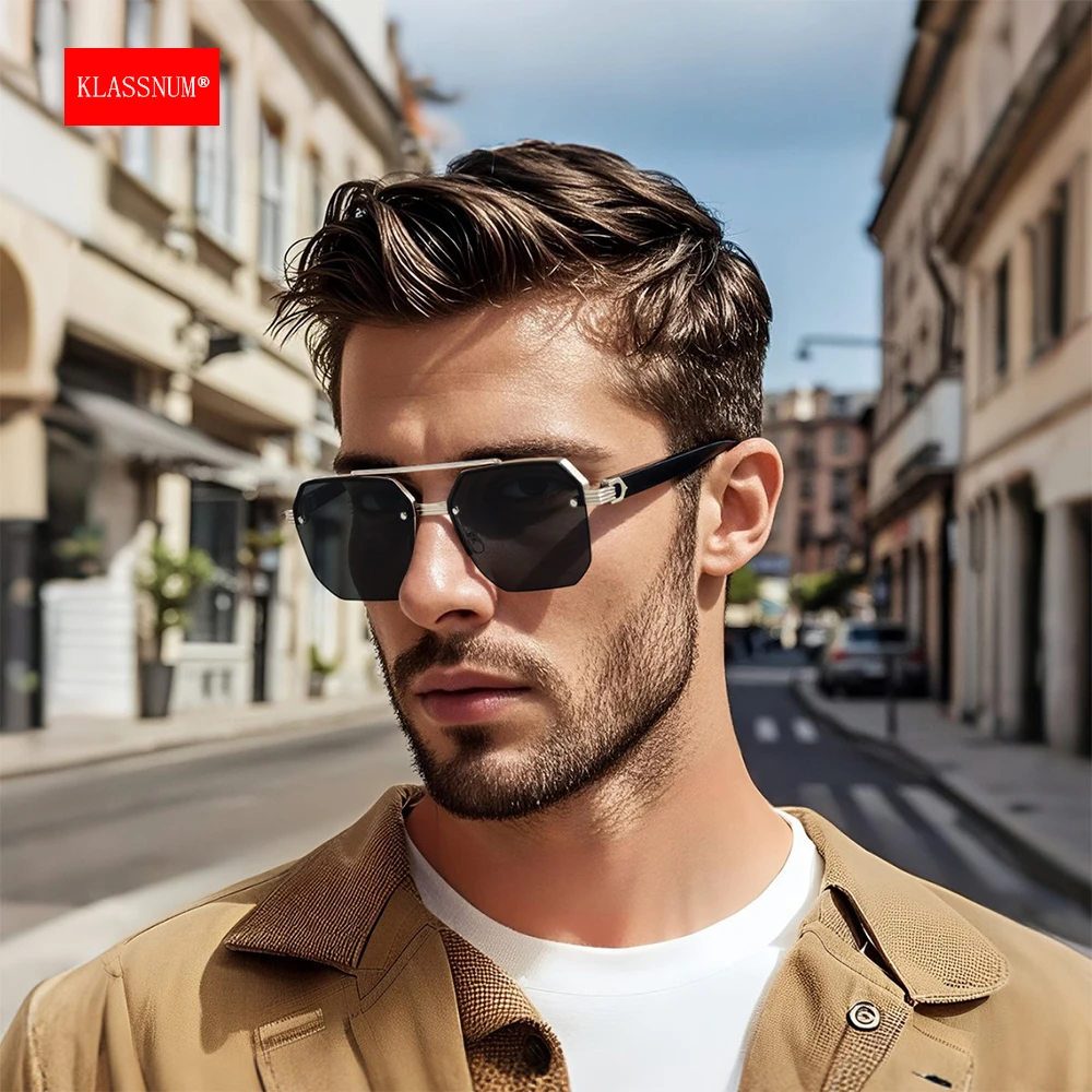 KLASSNUM Men's Luxury Brand Sunglasses Square Half Frame Sun Glasses Outdoor UV400 Shades Trendy Driving Goggles Anti-glare 2026