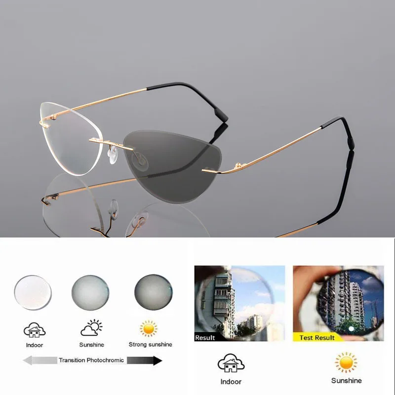 Randlose Memory Titan Legierung Photochrome Lesebrille Frauen Cat Eye Rezept Presbyopie Brillen Klare Verfärben Gläser – Detail 8