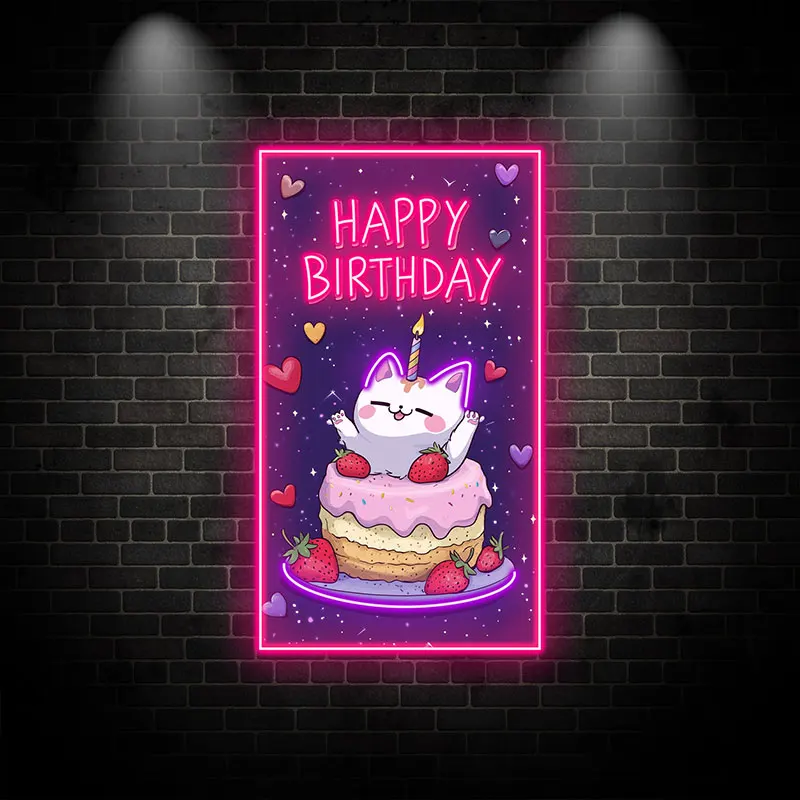 Happy Birthday Cat Cake Neon Light Sign, Perfect for Party Decor, Kids Room, Fun Gift for Cat Lovers, Adorable LED Sign Wall Art