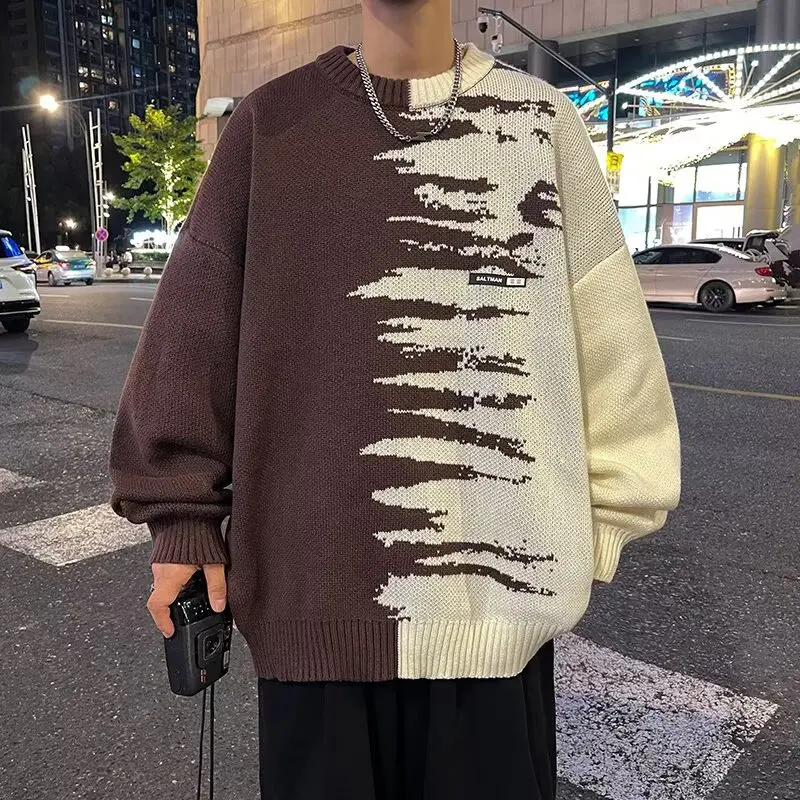 

Y2K негабаритный шерстяной вязаный мужской свободный уличный трикотаж с круглым вырезом, осенний новый мужской пуловер, черные свитера с цветными блоками Pull Homme