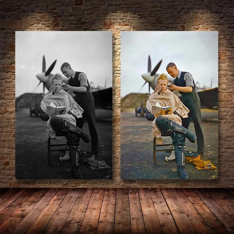 صور عتيقة لتزيين صالون الشعر ، شائكة الطيارين في الحرب العالمية الثانية ، مطبوعات بالأبيض والأسود ، فن حلاقة متجر الحلاقة ، تصفيف الشعر من قماش الكانفاس