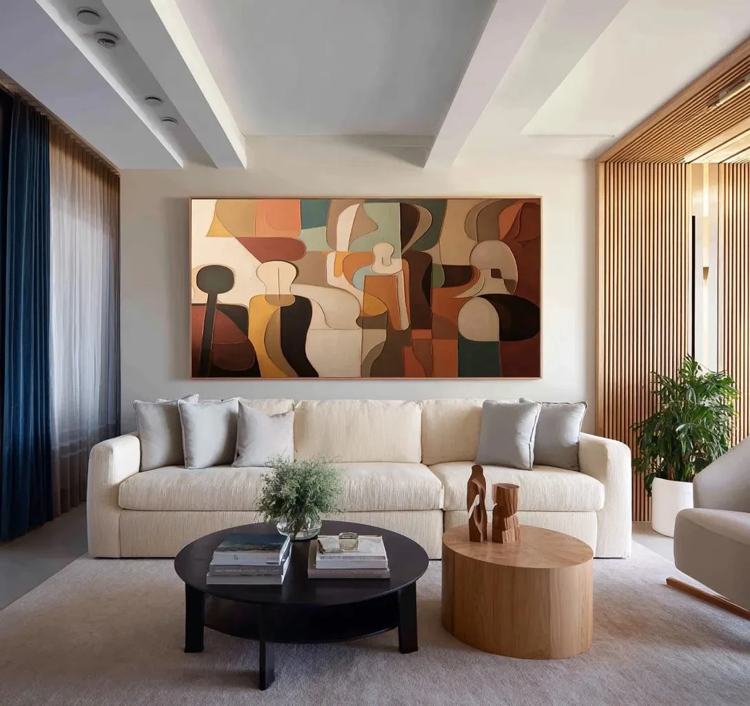Mid Century Modern Abstract Geometric Canvas Painting Earth Tones Textured Wall Art Layered Poster for Living Room Home Decor