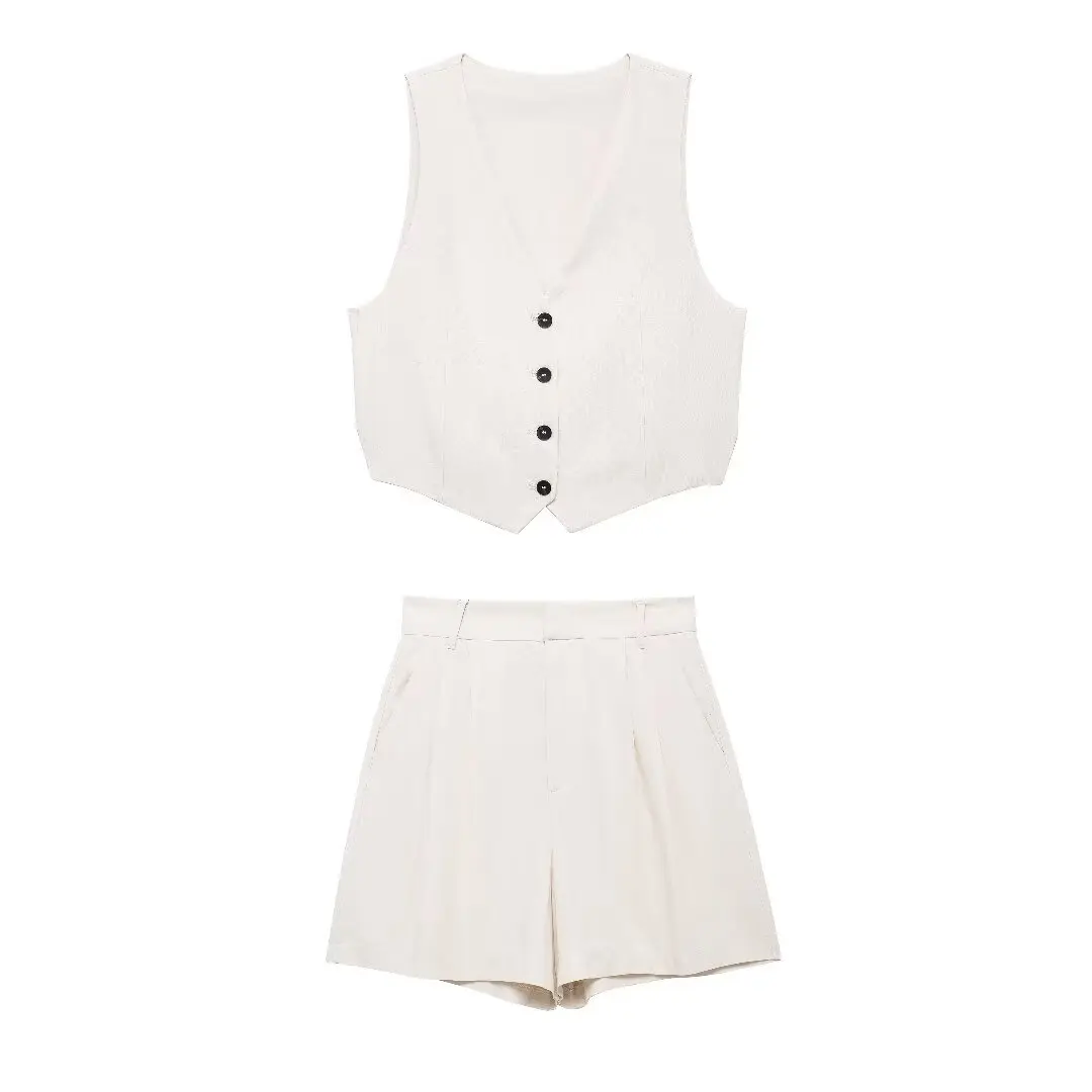 TRAFZA Women Fashion 2 Piece Set V-Neck Sleeveless Single Breasted Vest Top+Elegant High Waist Back Pocket Zipper Mini Shorts