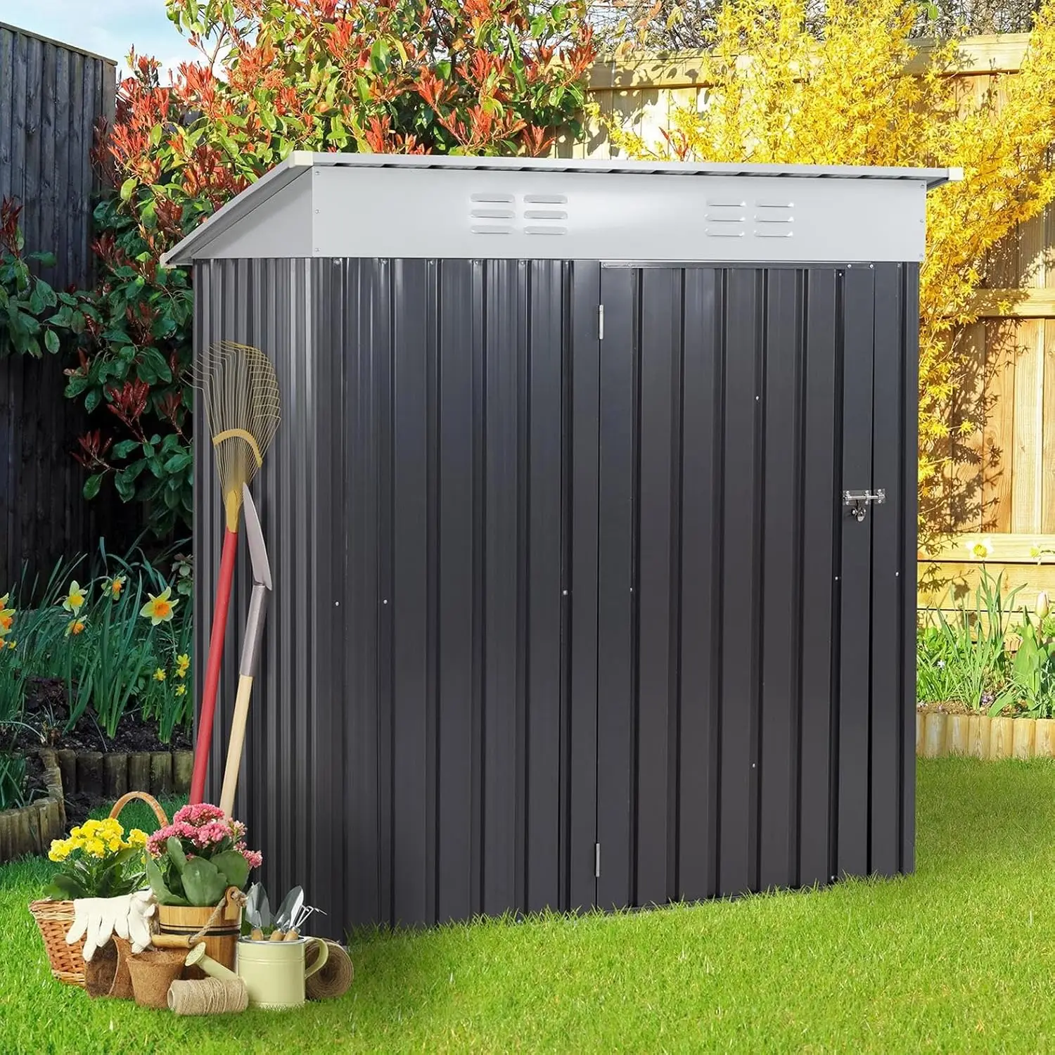 Outdoor Storage Shed, 6 x 4 FT Lockable Metal Garden Shed, Steel Storage House Waterproof Tool Shed (Dark Gray)