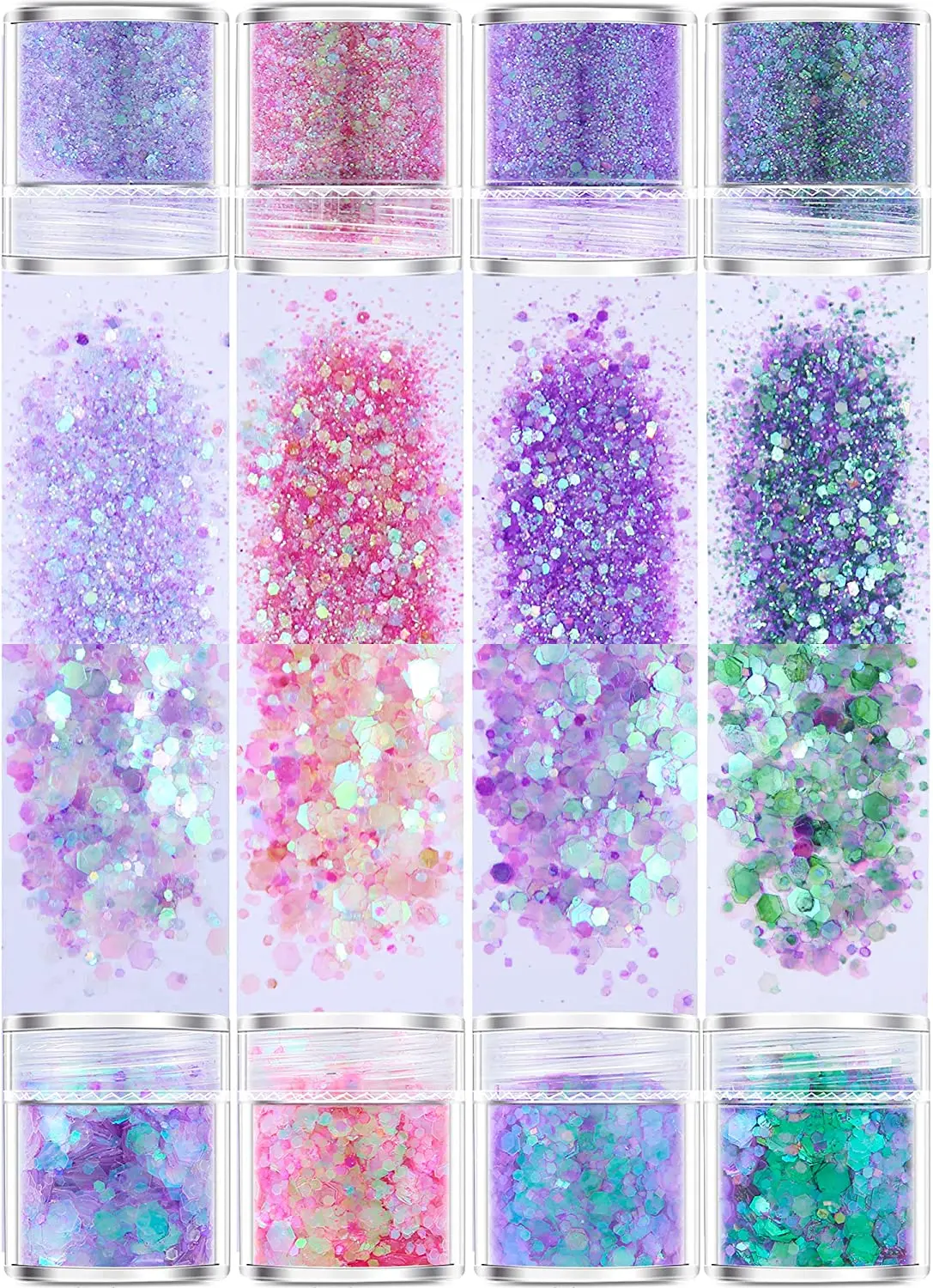 4 Jars of Multi-Shaped Cosmetic Chunky Glitter 4 Colors (76g/2.7oz) Nail ARt Glitter  Fine Powder+1mm+2mm+3mm Sequins Flake