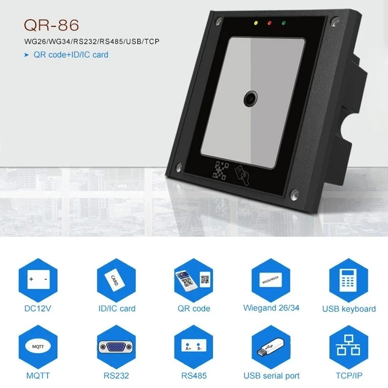 QR Code Rfid Card Reader USB TCP/IP RS485 125khz Wiegand Sensor Proximity Tempered Glass Automatic Sensing for  Access Control