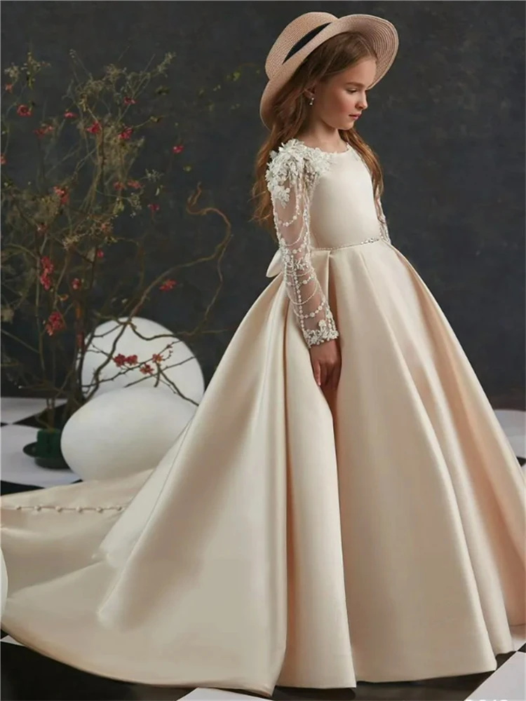 Vestidos infantis de baile de primeira comunhão princesa, elegante estamparia em renda, manga comprida, vestido de cetim, presente surpresa de aniversário