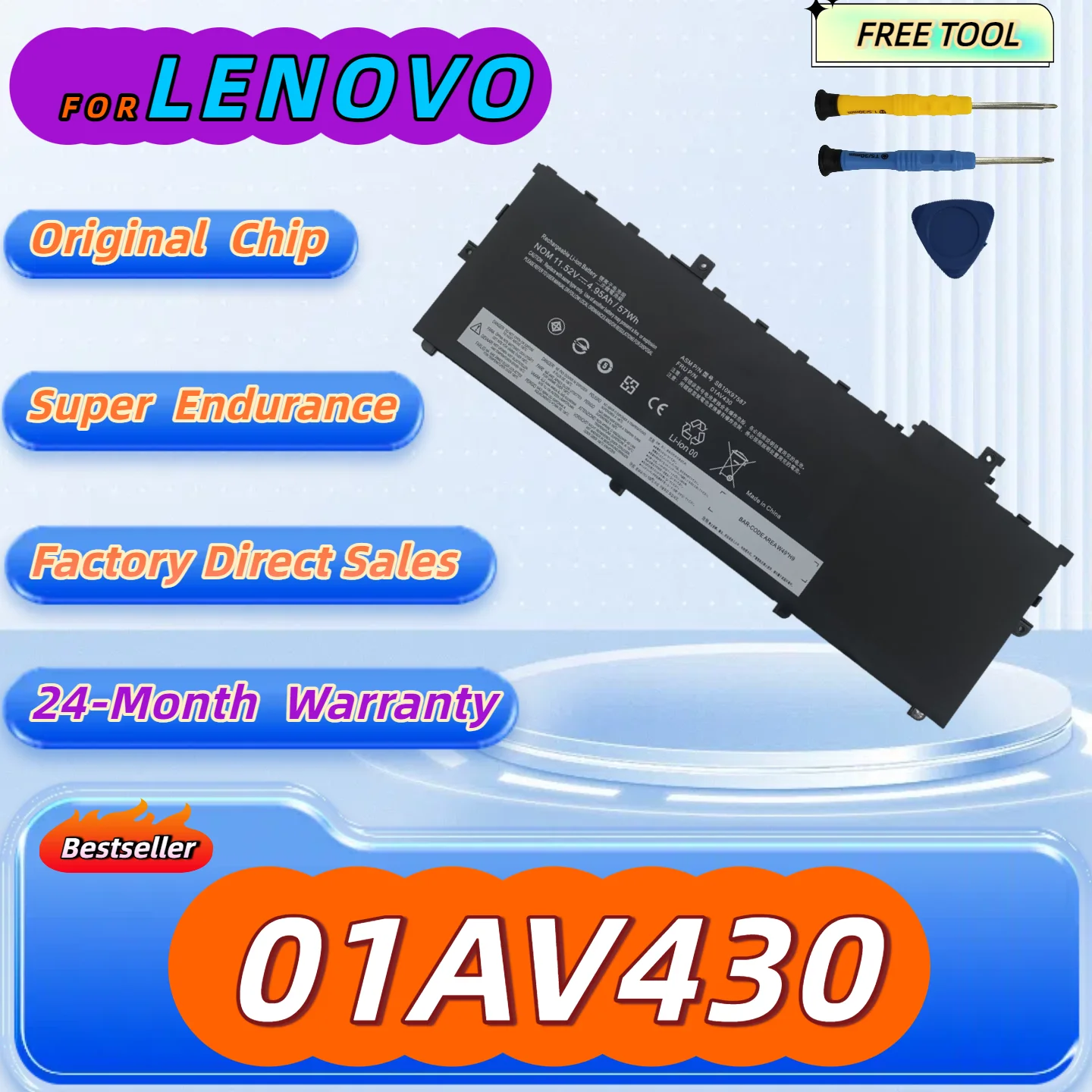

01AV430 Battery For Lenovo Thinkpad X1 Carbon 5th 2017 6th 2018 Series 01AV429 SB10K97586 01AV431 Free Tool + 24M Warranty