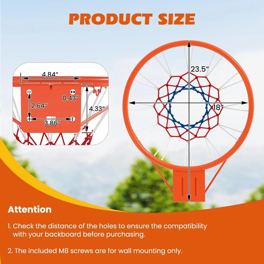 15/18 Inch Basketball Rim Replacement with All-Weather Net, Rust-Resistant Hoop for Wall/Door Mounting Indoor Outdoor Use