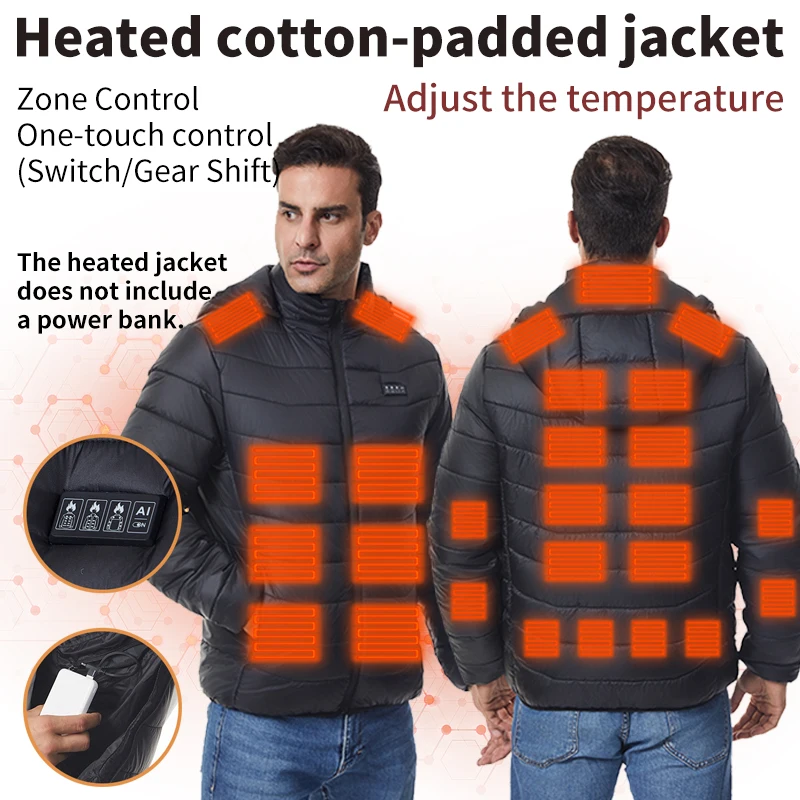 

Мужская куртка с подогревом на четырех зон, 27 зон, теплое пальто с капюшоном и подогревом, USB-одежда с электрическим подогревом【блок питания в комплект не входит】