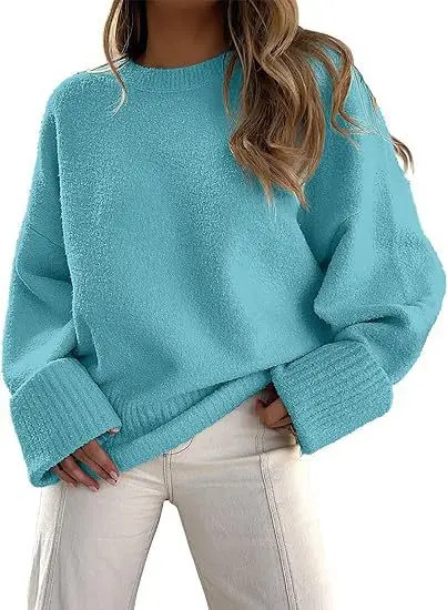 

Women 2025 Thick Plush Knit Sweater Winter Warm Soft Round Neck Loose Fit Pullover Top Cozy Casual Y2K Fall Outfit