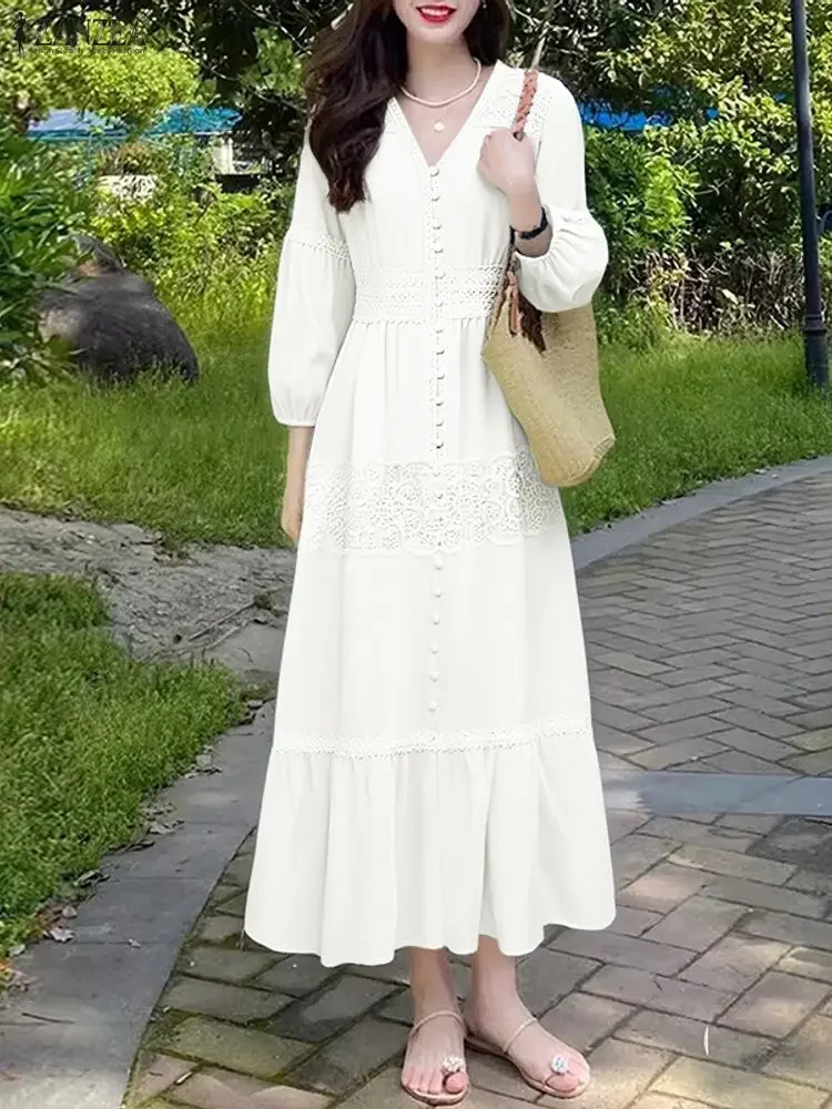 ZANZEA Autunno Elegante Abiti Da Festa Delle Donne 3/4 Manica Lanterna Con Scollo A V Casual In Pizzo Maxi Vestito Estivo Lungo Solido Vacanza Robe Femme