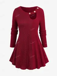 ROSEGAL-Pull en tricot grande taille pour femme, manches longues, faux boutons, torsadé découpé, rouge profond, 4XL, automne, hiver