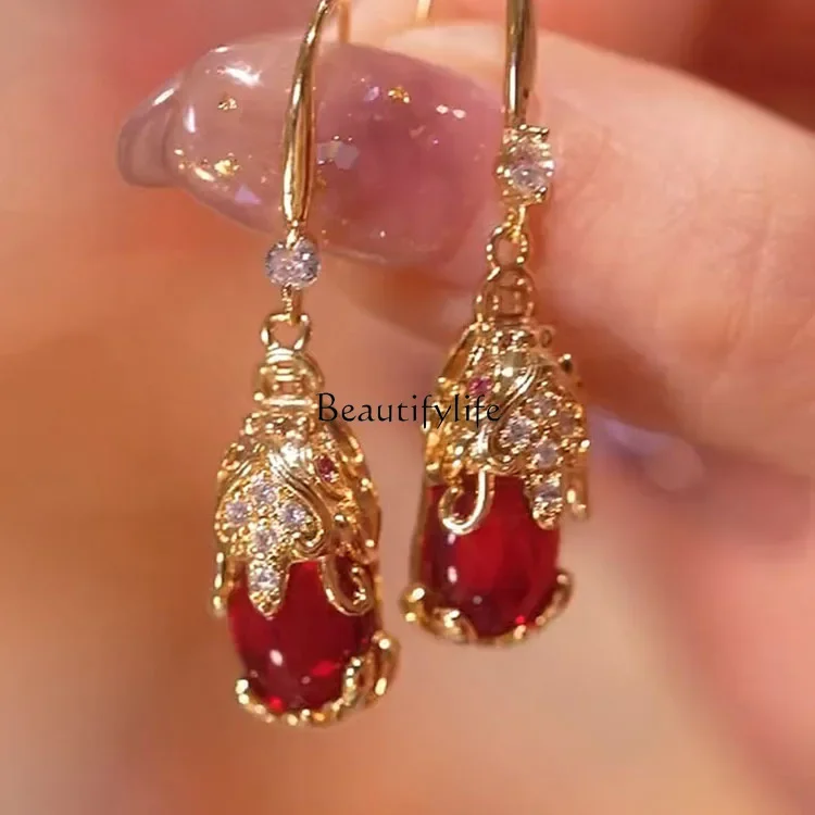 18K Gold Red Retro Vintage Ear Hook Earrings