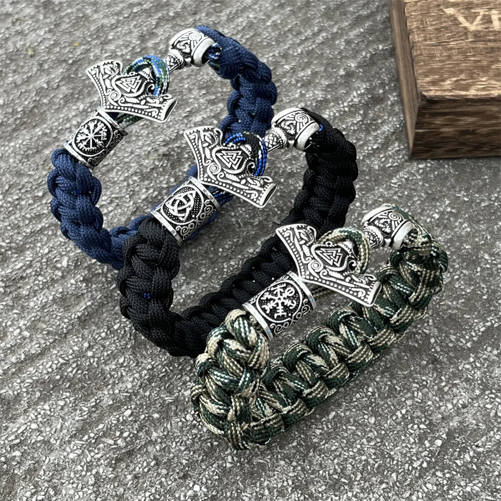 Thor Hammer Mjolnir Runes Teiwaz Algiz Amulet Jewelry Norse Viking Accessories Paracord Rope Bracelets For Men Women Bangles