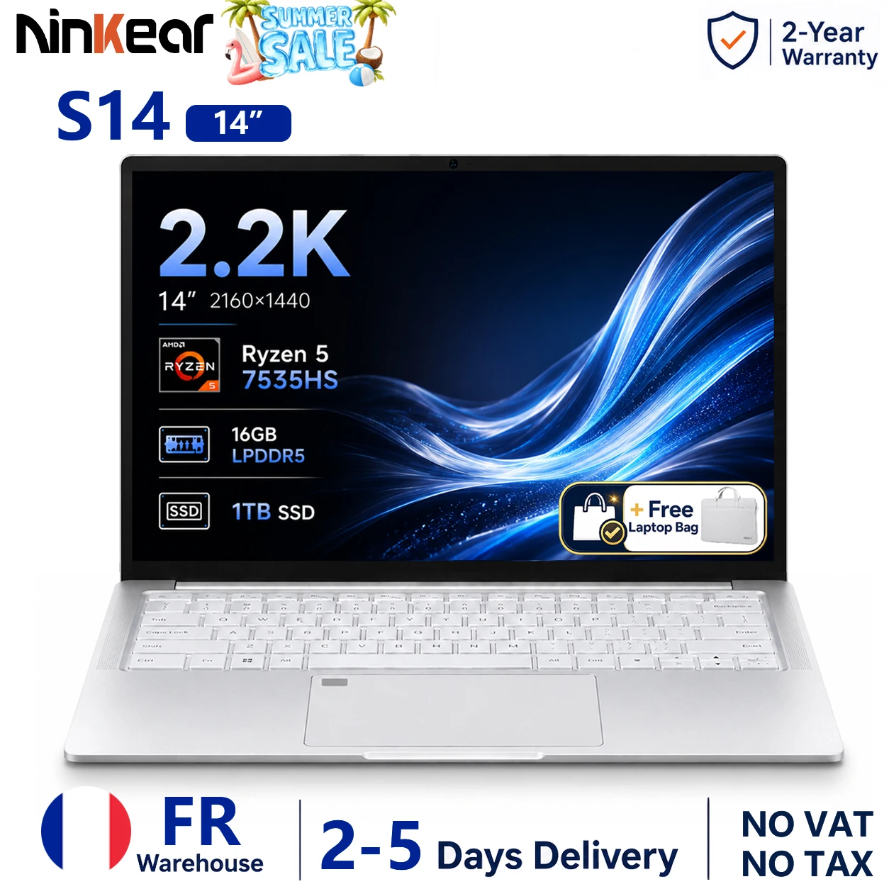 Ninkear S14 Ordinateur Portable 14" 2.2K IPS AMD Ryzen 5 7535HS 16GB LPDDR5X 1TB SSD Ultra Léger 1KG Charge Rapide PD 65W WiFi 6 Bluetooth 5.3 Déverrouillage Empreinte Windows 11