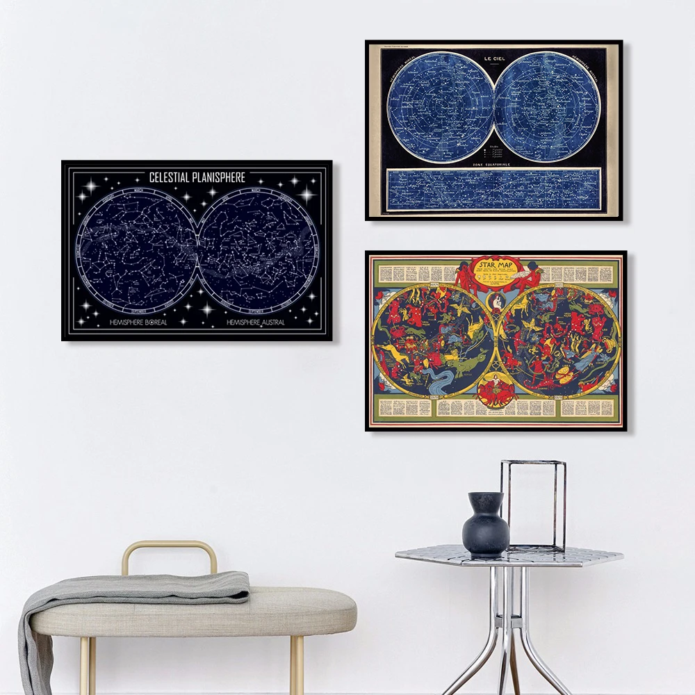 1 adet Göksel Planisfer Haritası Posteri Tuval Boyama, Fransız Versiyonu Göksel Yıldız Tablosu Takımyıldızları Baskılar Ofis Dekor için
