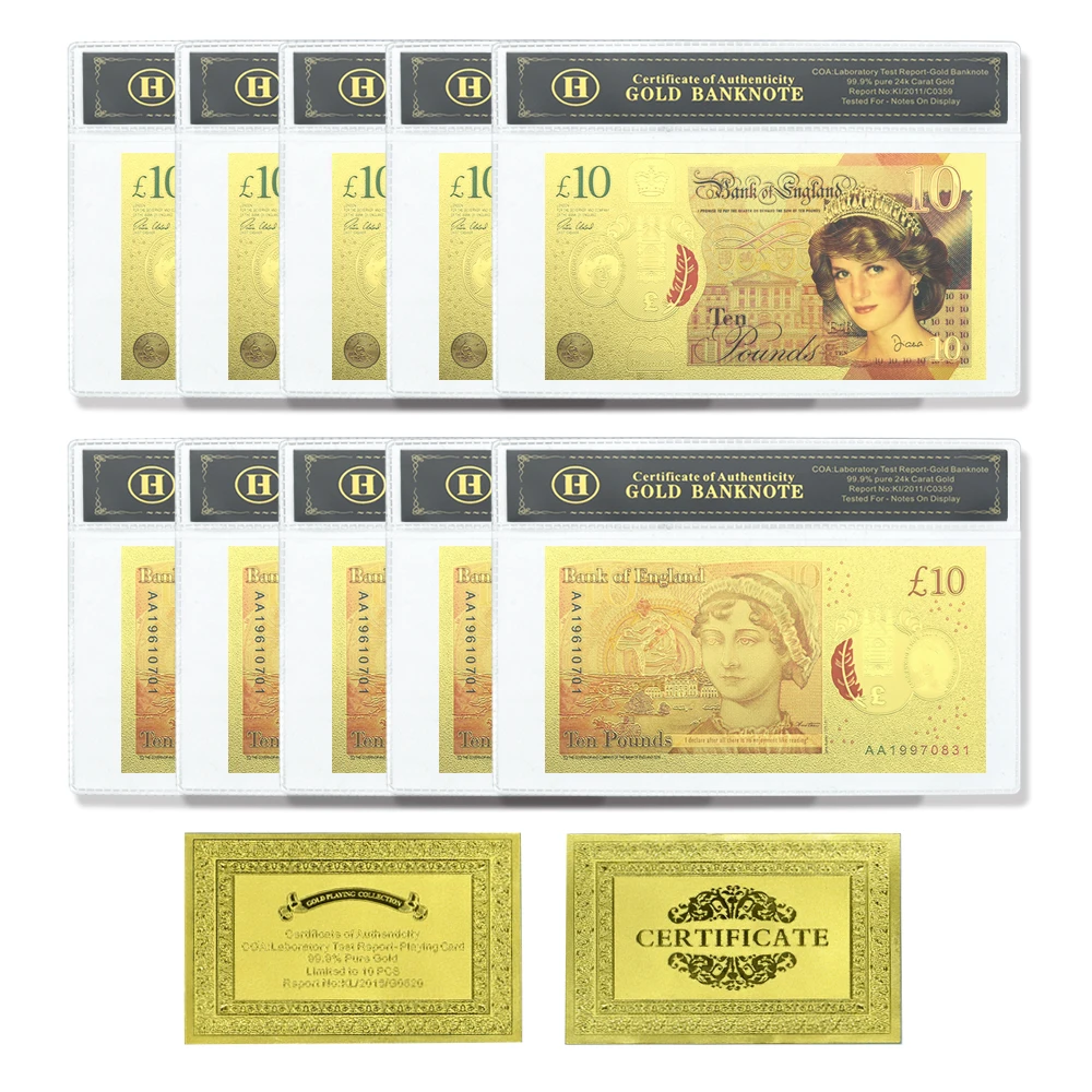10 جنيه ديانا سبنسر الملونة مطلية بالذهب الأوراق النقدية 10 قطعة/الوحدة غير تداول الملكي الذهب الأوراق النقدية المشجعين جمع التذكارية