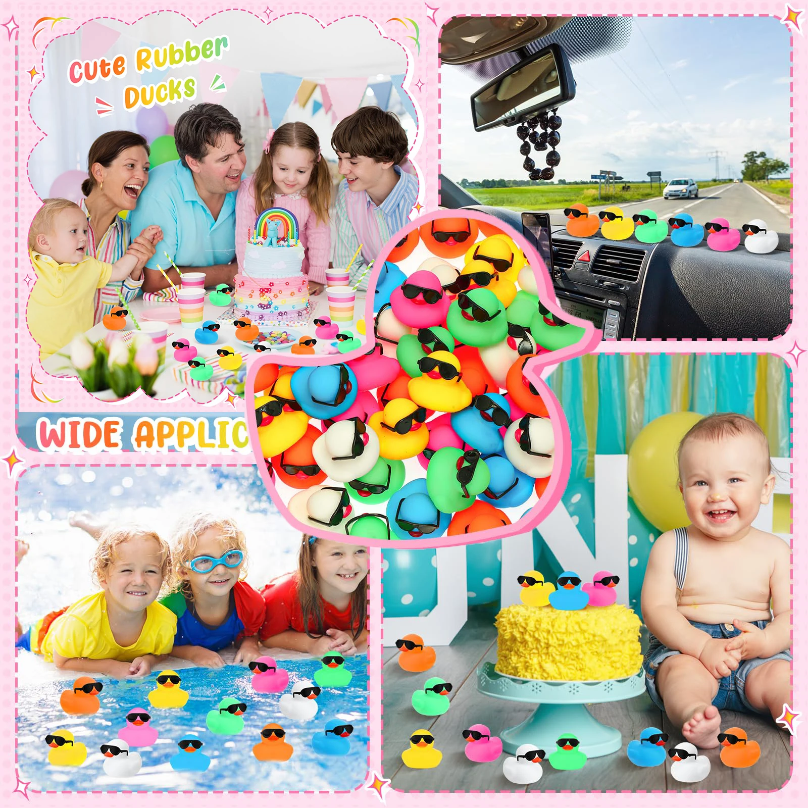 24pc Mini Rubber Ducks Pink with Sunglasses Sets Duck Toys Squeaky Rubber Ducks Cute Duckies for Little One Birthday Party