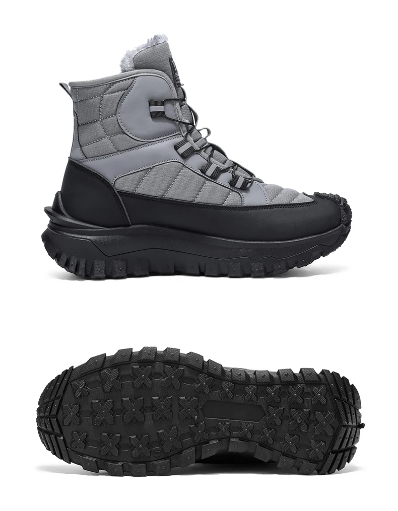 Ein Paar Herren-Wanderstiefel für Herbst und Winter, mit Fleece gefüttert, warm, stilvoll und vielseitig, hohe Schuhe in großen Größen, geeignet für Herbst- und Winteraktivitäten im Freien, Freizeit-Sportbekleidung. – Detail 22