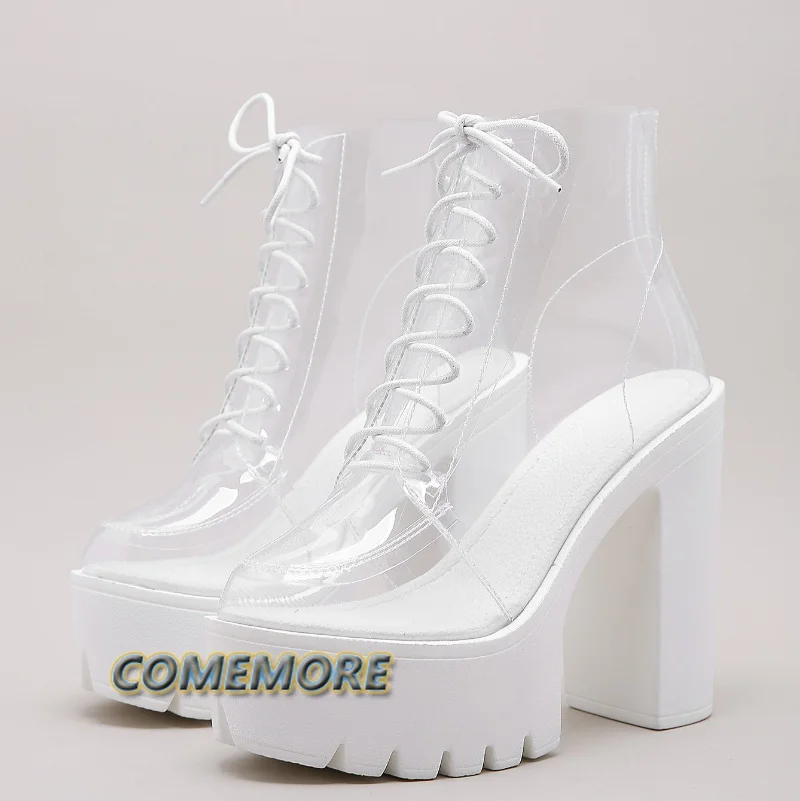 2023 Spring New Women Boots Fashion Round Head Waterproof Platform Transparent Lace Up Thick High Heels Nightclub Ankle Boots PU