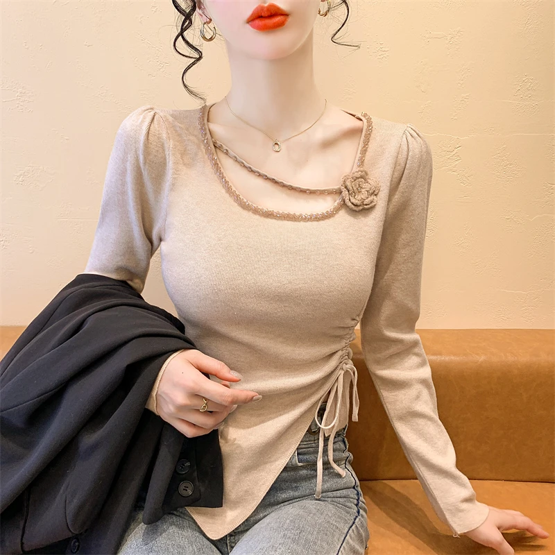 

2025,New,European,Clothes,Winter,Knitted,Sweater,Women,Chic,Sexy,Irregular,Drawstring,Split,Beads,Flower,Long Sleeve,Tops,51002