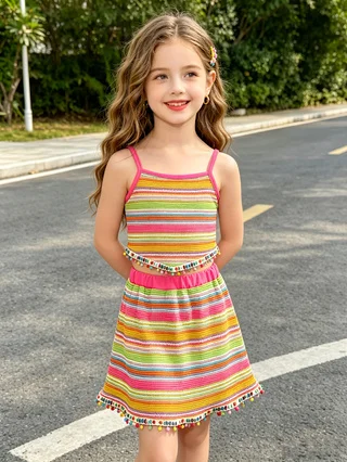 Girl's Rainbow‑Stripe Cami Two‑Piece Set, Colorful Pom‑pom Tassel Cropped Tank Top & Skirt, Kids Vacation Outfit Set
