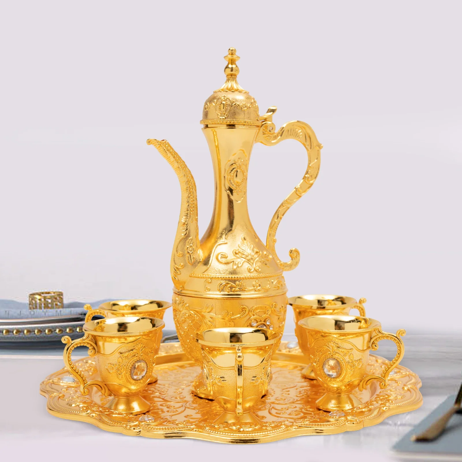 Vintage Turkish Coffee Pot Set with 6 Cups and Tray Gorgeous Tea Set Birthday Gift Home Decor Kitchen Accessories Barista Tools view 4