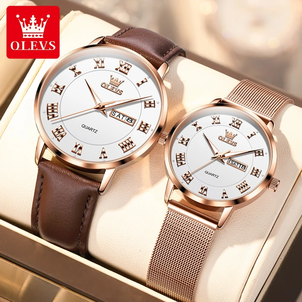 Olevs 2920 casal relógios de luxo original marca moda à prova dwaterproof água luminosa relógio quartzo duplo calendário design para data esporte