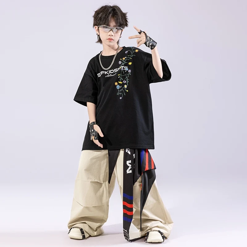 Teenager Hip Hop Kleidung Street Dance Outfit Schwarz T-shirt Khaki Hosen Baggy Jogger Tragen Mädchen Jungen Jazz Performance Set BL16578