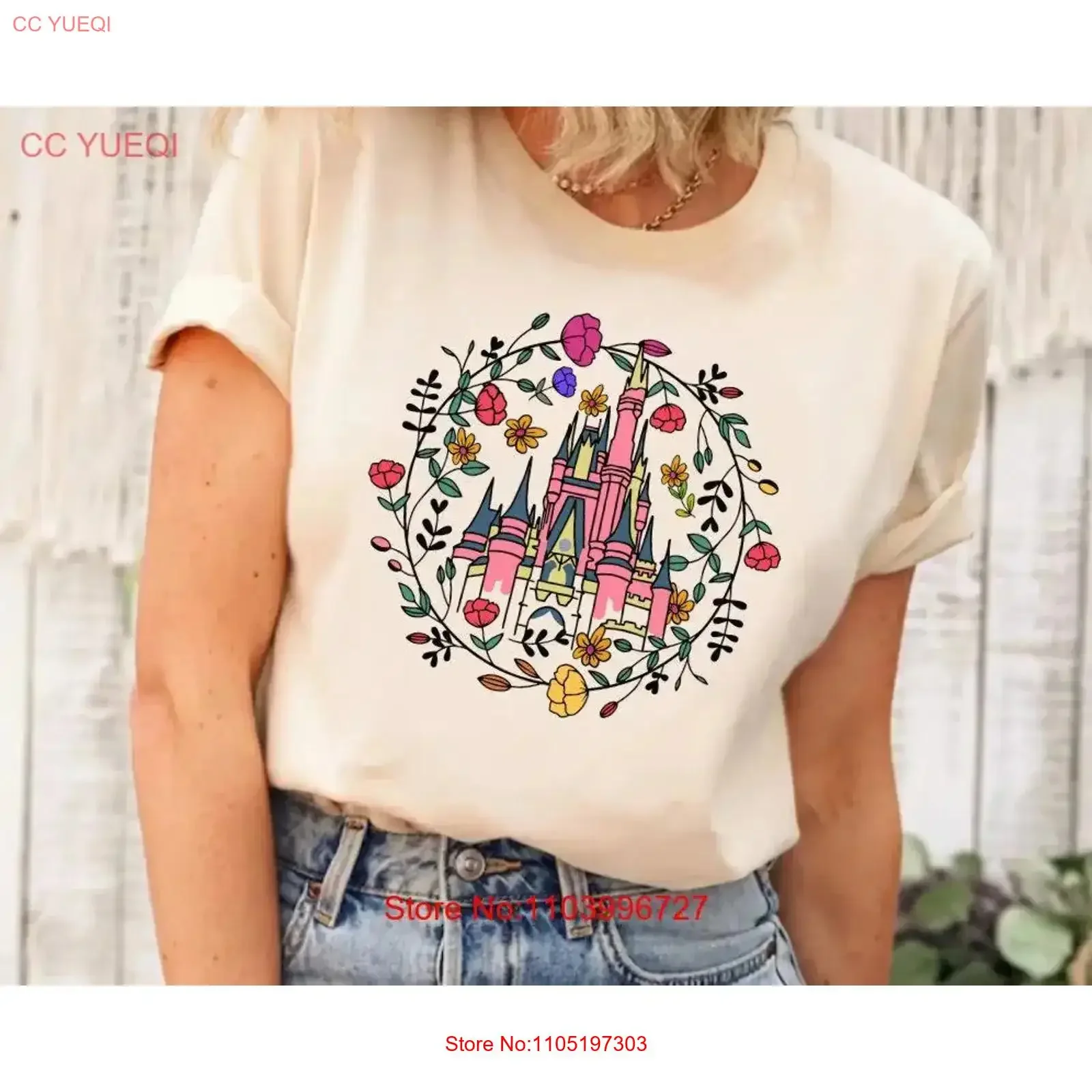 

Футболка с цветочным принтом «Замок принцессы» «Волшебное королевство», весенний волшебный отдых, винтажная модная растянутая графика