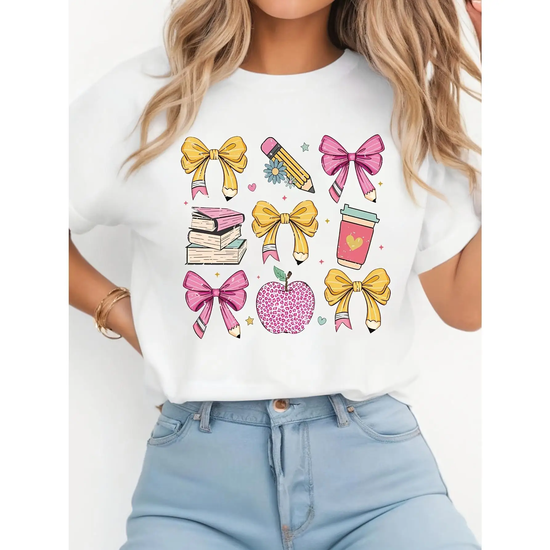 

Women's Cute Pink Bow Graphic T-Shirt - Casual Crew Neck Short Sleeve Top with Playful -Themed Design - Perfect for Teachers