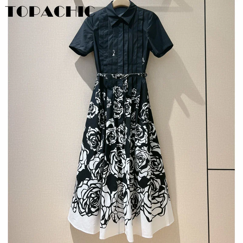 1.2 TOPACHIC-Women Camellia Flower Print Short Sleeve Dress Elegant Temperament Pleated Collect Waist Sashes Cotton Long Dress