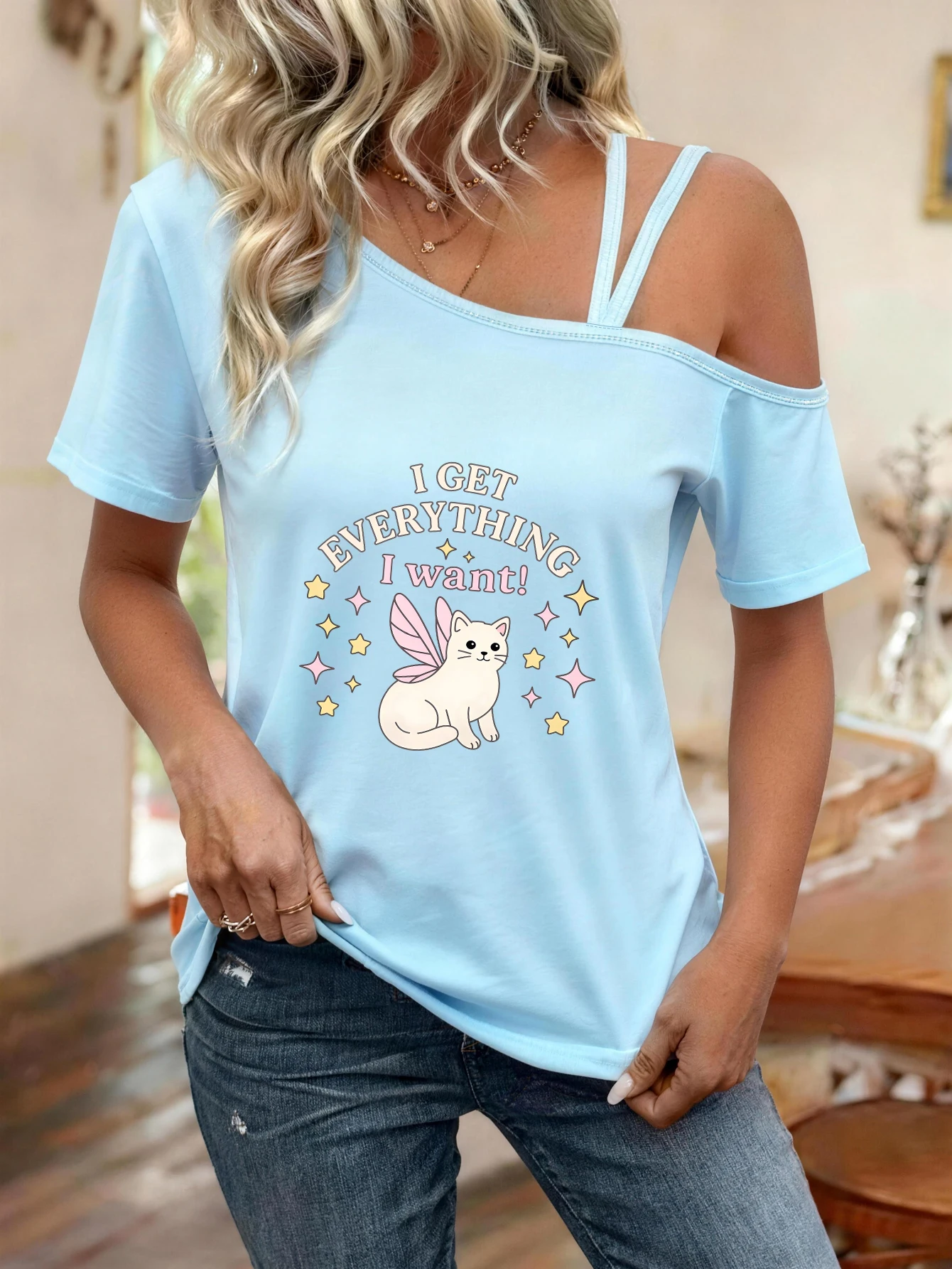 Printed Y2K Style Spring and Summer Hot-Selling Women's Fashion Casual Sports One-Shoulder Strap Short-Sleeve Top