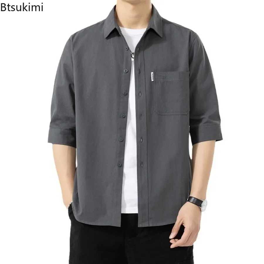 2025 Fashion Men's Short-sleeved Casual Shirt Comfortable Water Washed Cotton Shirt Coats Solid Loose Cardigan Tops Male Blouses