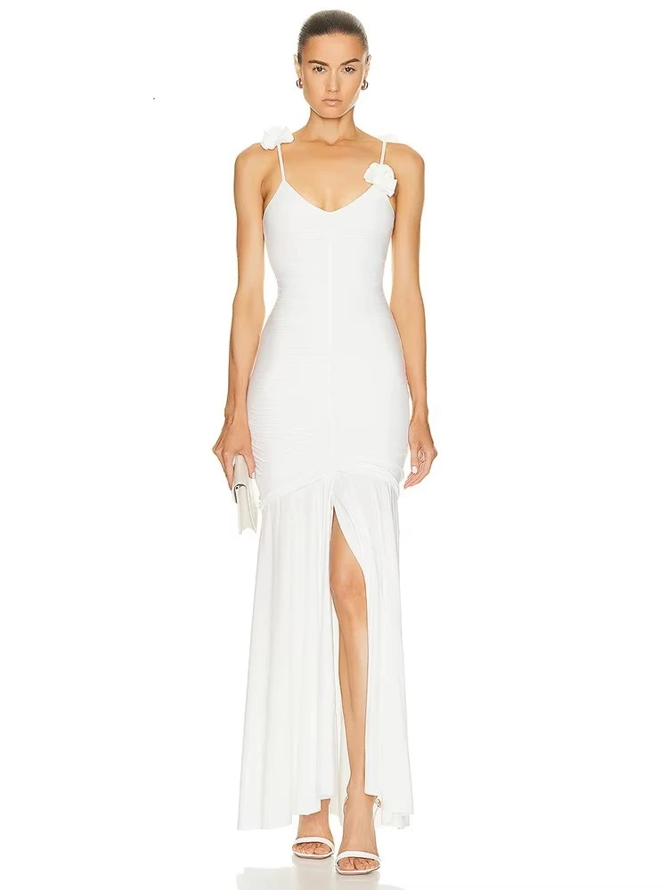 Women Spaghetti Strap V Neck Split Dress  Summer Beach Holiday Dress  Elegant Mermaid Long Dress With Beautiful Flowers