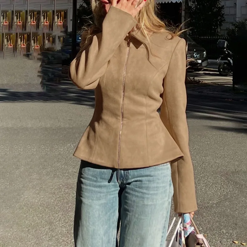Women 2026 Autumn Winter New Hot Selling Vintage Khaki Faux Suede Waist Cinching Slim Fit Jacket Elegant Commute Trendy Chic Hit