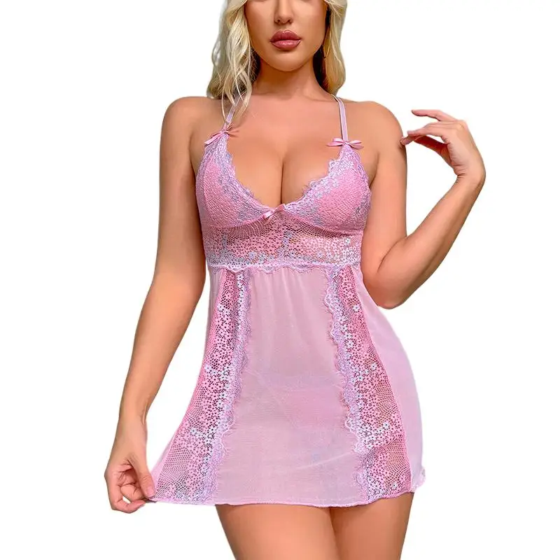 Summer New Transparent Pink Lace Sex Sling Sleeveless Women Pajamas Set Sexy Lingerie Nightwear Suit Erotic Light Thin Sleepwear