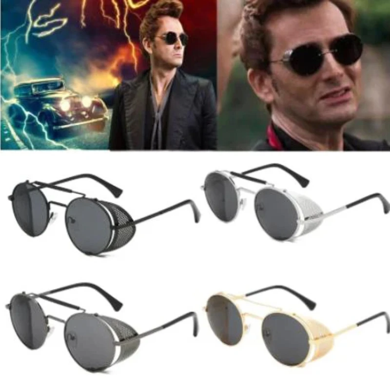 Good Omens Devil Crowley Cosplay Eyewear Sunglasses Punk Steam Retro Color Film Reflective Glasses Men Cosplay Props Glasses