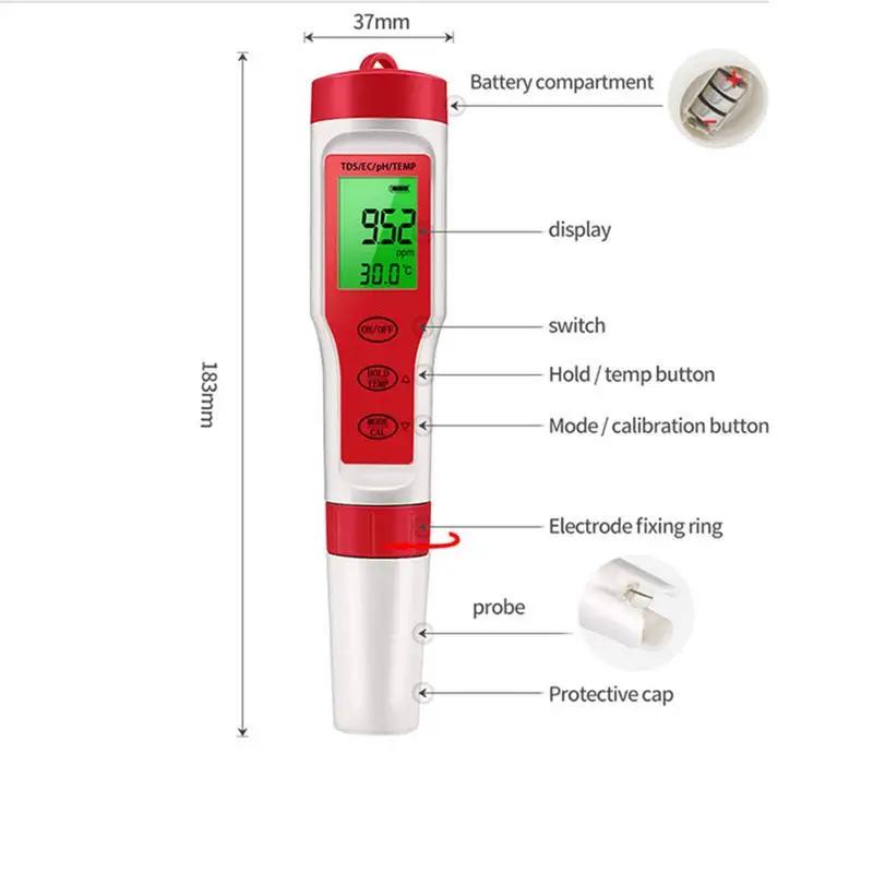 PH Reader For Water High Accuracy 4 In 1 PH Reader Digital EC TDS Temperature Meter Testing Tool For Nutrients Growing