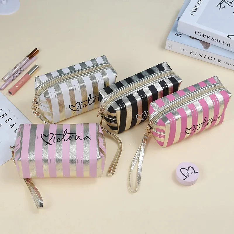 Women's Fashionable Cosmetic Bag Striped Handheld Portable Makeup Bag Korean Sweet Cool Personalized Waterproof  Storage Bags