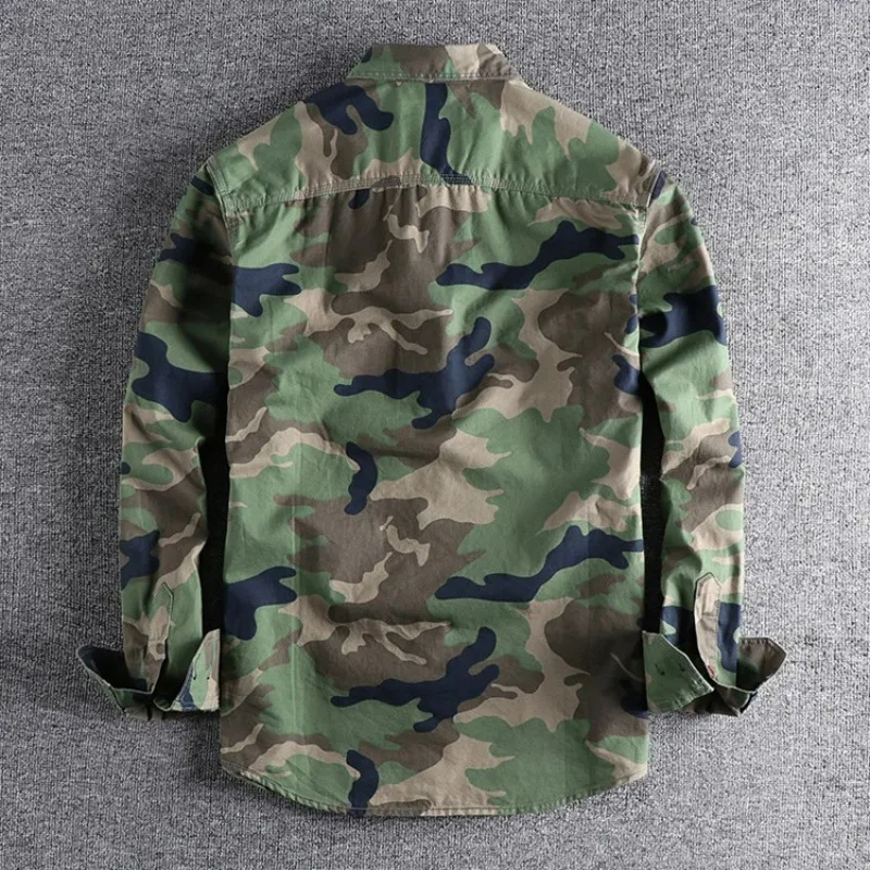 KIDWHXR Men Shirts Spring Autumn Pocket Long Sleeve Shirts Man Camouflage Cargo Shirts Outdoor Hiking Sports Casual Male Tops