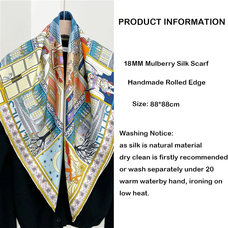 88×88cm 18MM 100% Silk Twill Scarf For Women Luxury Brand Double Sides With Different Design Square Size Shawls And Wraps Autumn