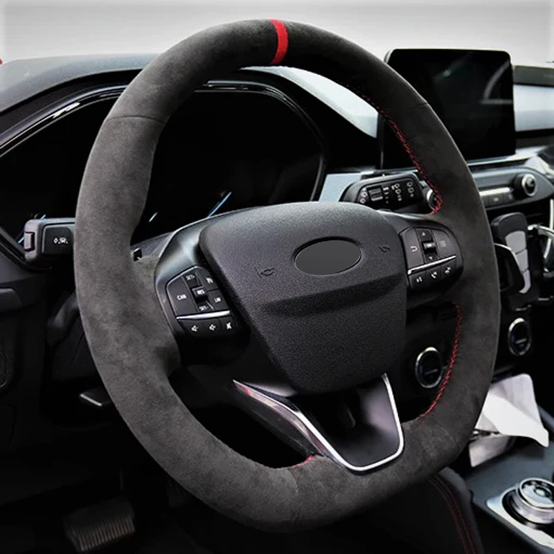 Alcantara Real Leather Steering Wheel Cover Red Thread Red Stripe Steering Wheel Wrap Car Accessoires for Ford FOCUS ST ST-LINE