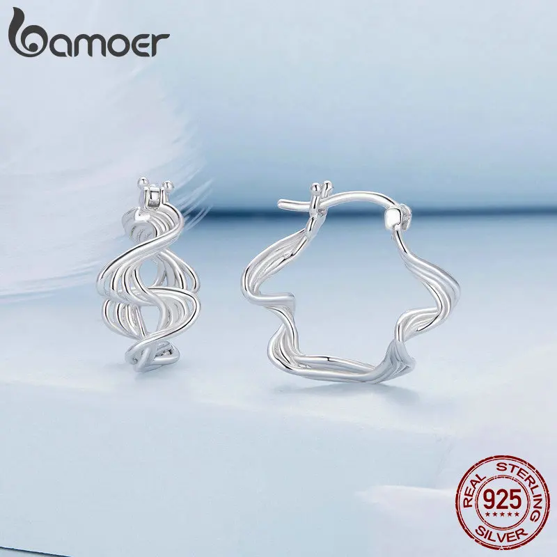 Bamoer 925 Sterling Silver Geomatric Twisted Line Hoop Earrings Wave Ear Buckles for Women Trendy Fine Jewelry