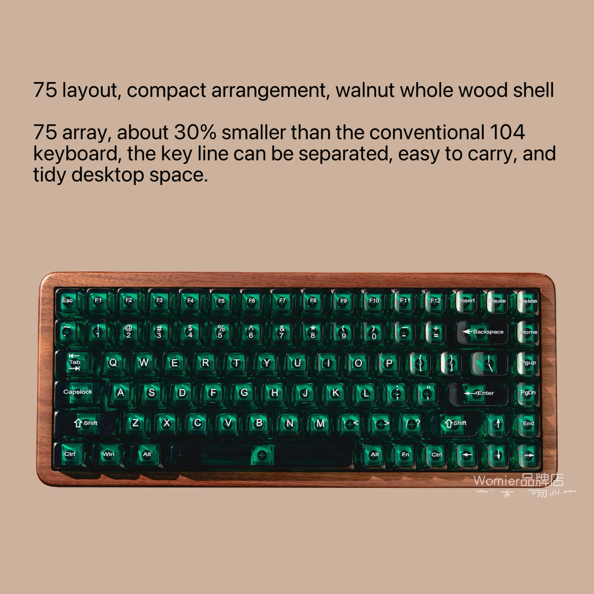 WD75 walnut three-mode transparent keycap wireless mechanical game keyboard