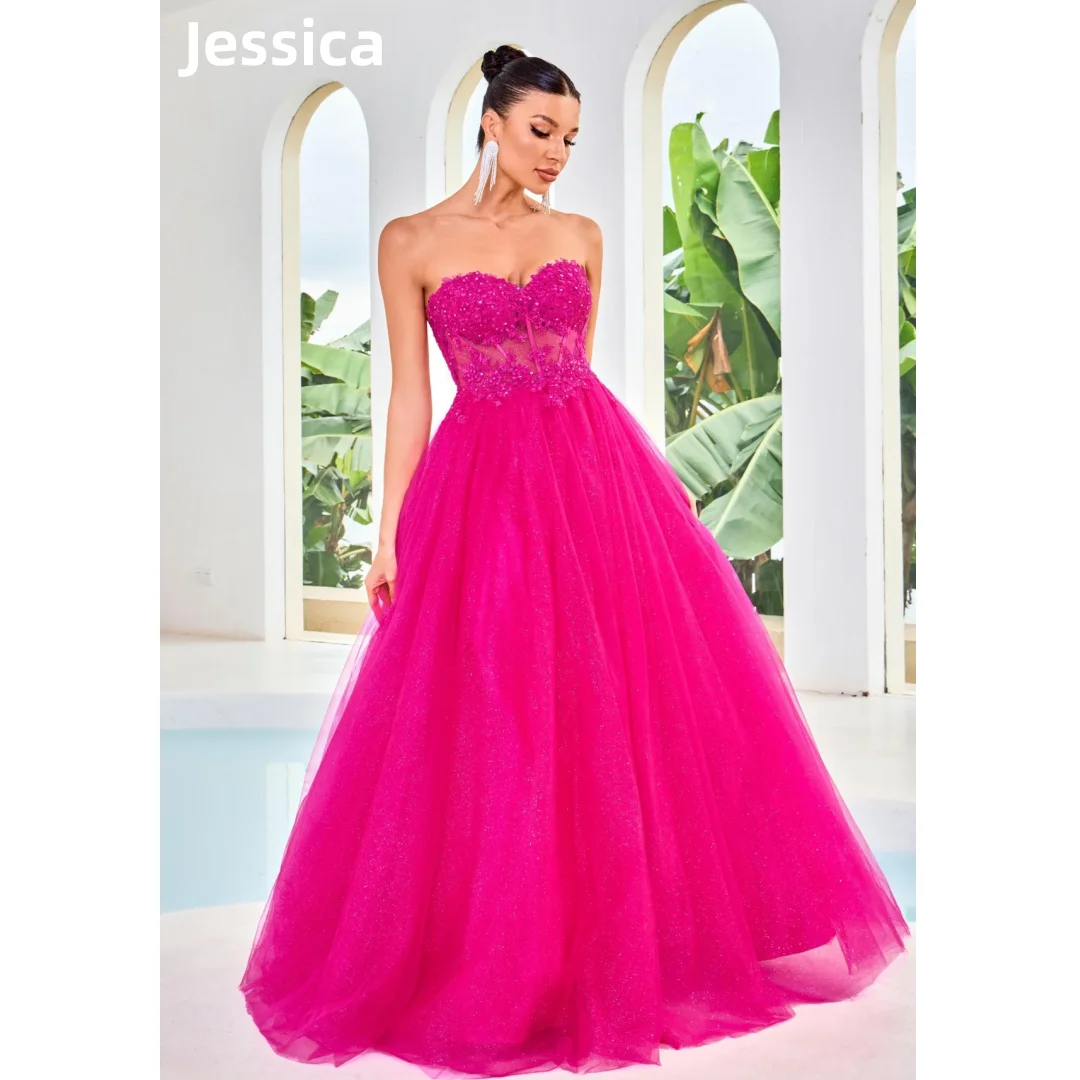 Jessica Hot Pink Prom Dresses Strapless Glitter Tulle Evening Dresses Wedding Formal Occasions Party Dress robes de soirée